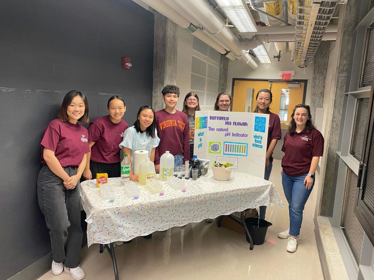 Students pose with a display that reads "Butterfly Pea Flower: The natural pH Indicator."