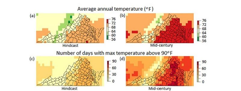 Four maps of Virginia showing how the average annual temperature and the number of days with a high temperature above 90 degrees F will change by mid-century.