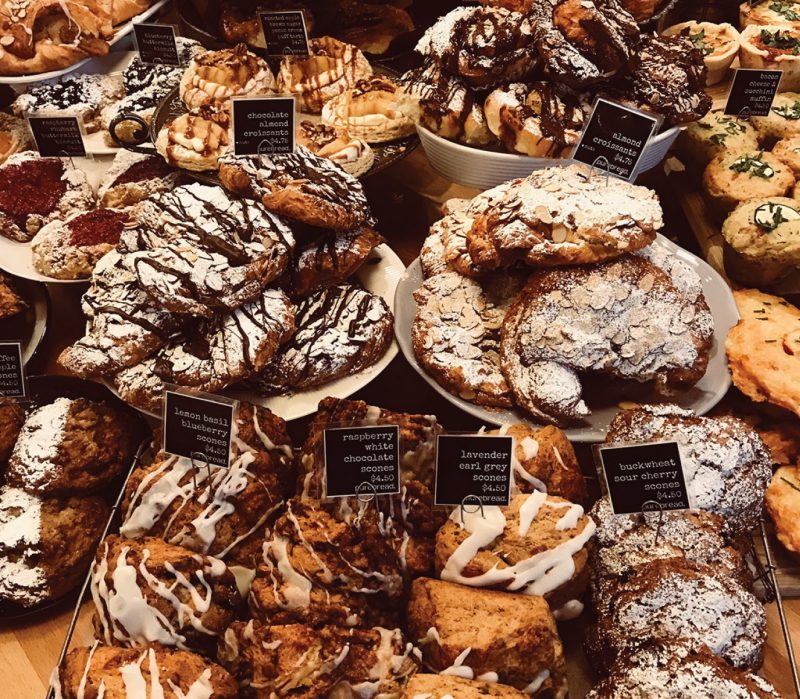 a photo of various baked goods displayed with labels